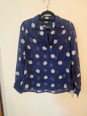 Ellen Tracy Navy Polka Dot Sheer V-Neck Blouse